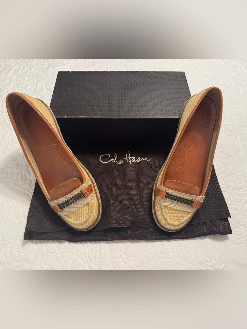 Cole Haan Beige Canvas & Tan Leather Trim Loafers.  Size 10.  NWOT